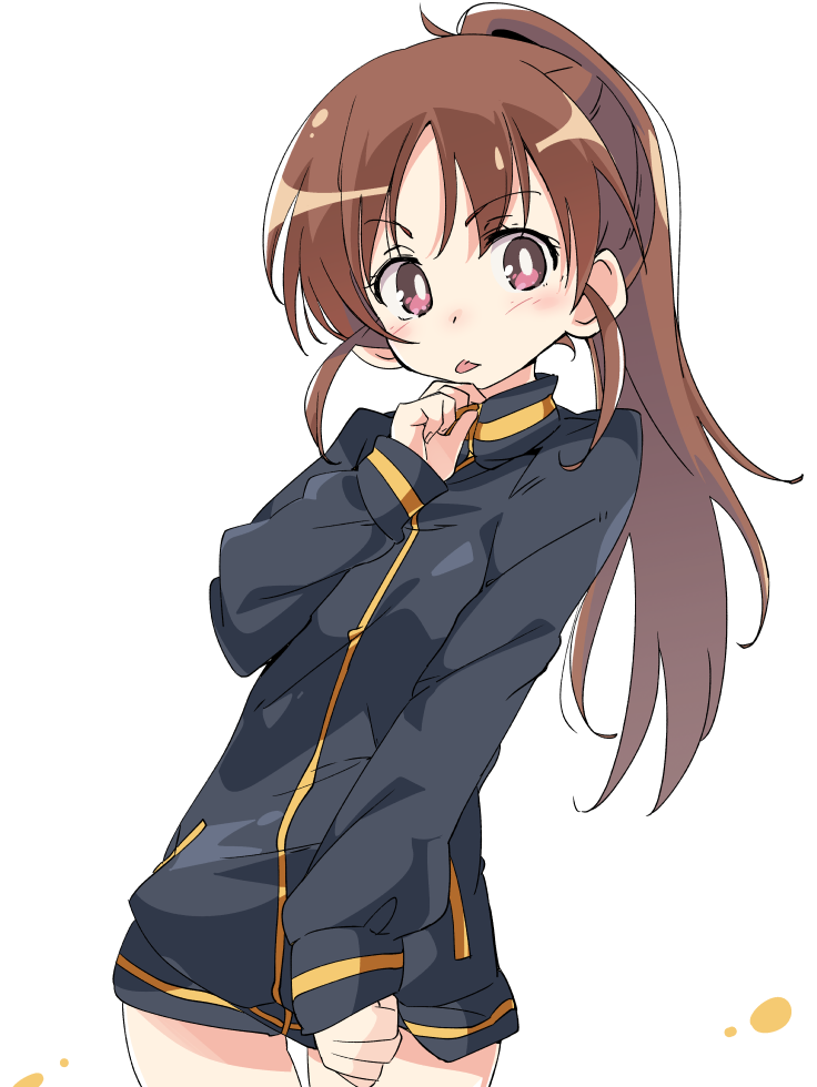 1girl black_jacket brown_hair cowboy_shot ixy jacket leaning_back long_hair ponytail saki saki_achiga-hen simple_background solo takakamo_shizuno thigh_gap tongue tongue_out track_jacket violet_eyes white_background