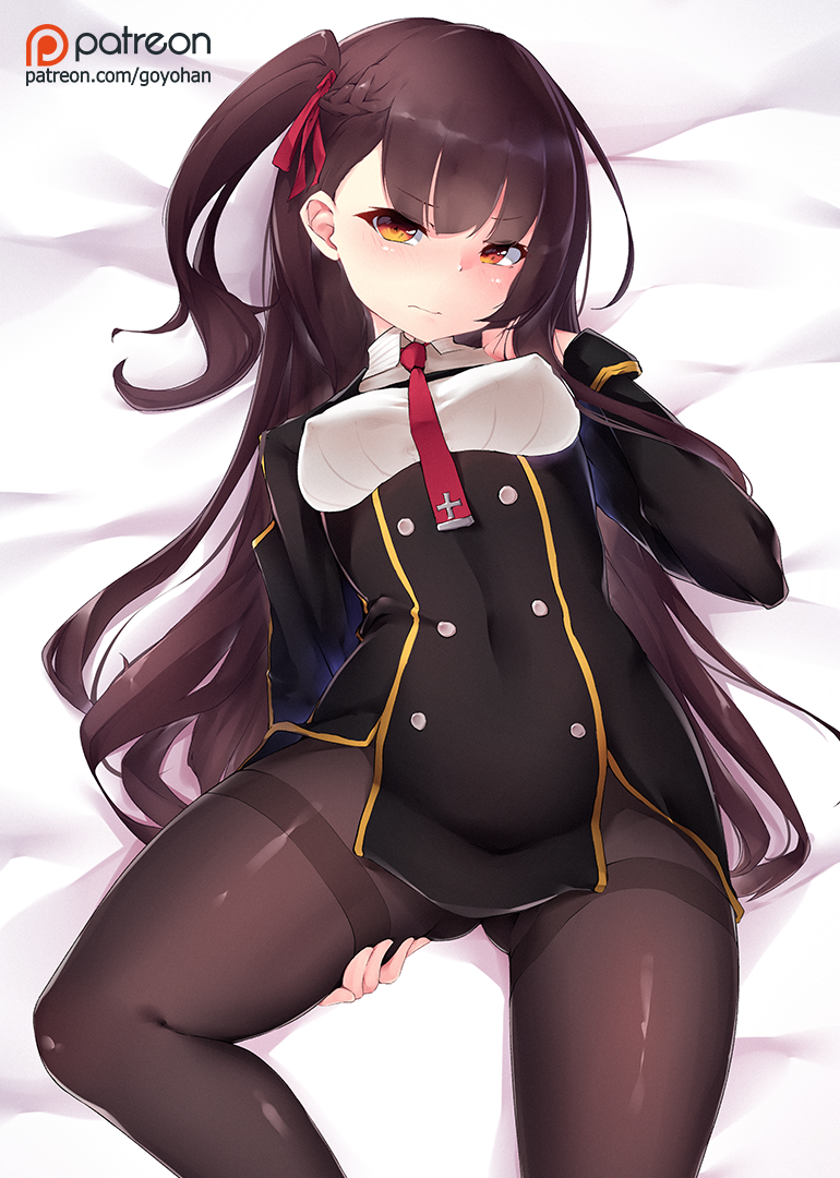 1girl artist_name bangs bed_sheet black_legwear blazer blush breasts brown_eyes brown_hair closed_mouth donedone erect_nipples eyebrows_visible_through_hair framed_breasts girls_frontline gluteal_fold gusset hair_ribbon half_updo hand_on_own_chest head_tilt jacket large_breasts long_hair looking_at_viewer lying necktie on_back one_side_up panties pantyhose pelvic_curtain purple_hair red_neckwear red_ribbon ribbon shirt sidelocks skirt solo thigh_grab thighband_pantyhose thighs underwear very_long_hair wa2000_(girls_frontline) white_panties
