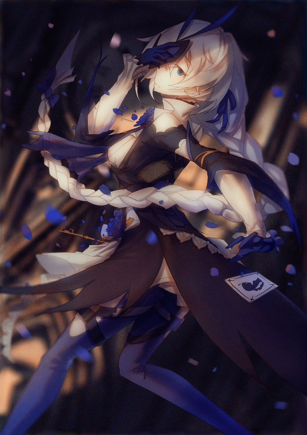 1girl ass bare_shoulders benghuai_xueyuan blue_eyes blue_flower blue_gloves blue_legwear blue_ribbon braid breasts deadjdk dress flower gloves hair_ribbon highres holding holding_mask honkai_impact kallen_kaslana long_hair looking_at_viewer mask medium_breasts pantyhose petals ribbon shoulder_cutout silver_hair single_braid solo standing tied_hair very_long_hair