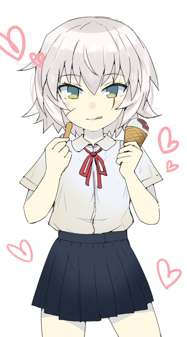 1girl :q bangs black_skirt blue_eyes brown_eyes closed_mouth collared_shirt commentary_request cowboy_shot eyebrows_visible_through_hair facial_scar fate/apocrypha fate/grand_order fate_(series) food gedou_(ge_ge_gedou) green_eyes holding holding_food ice_cream_cone jack_the_ripper_(fate/apocrypha) looking_at_viewer miniskirt neck_ribbon pleated_skirt red_neckwear ribbon scar scar_across_eye scar_on_cheek school_uniform shirt short_hair short_sleeves silver_hair skirt smile solo standing tongue tongue_out white_background white_hair white_shirt