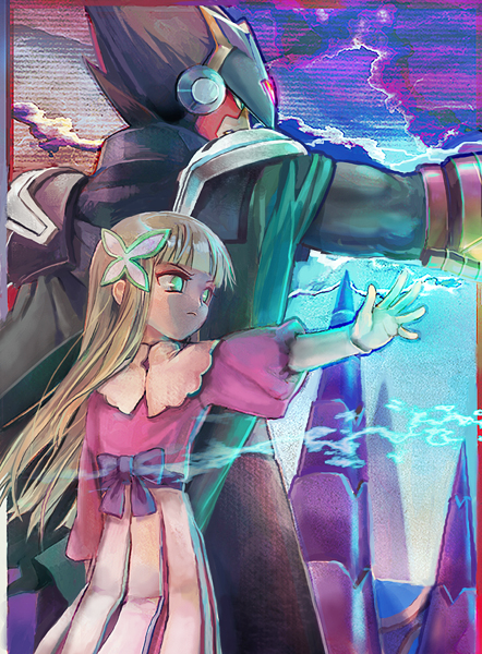 1boy 1girl back-to-back bangs black_cape blunt_bangs bow brother_and_sister brown_hair butterfly_hair_ornament capcom cape colonel_(rockman_exe) fringe green_eyes hair_ornament height_difference iris_(rockman_exe) ktynkd long_hair long_skirt looking_to_the_side netnavi outstretched_arms rockman rockman_exe rockman_exe_6 serious shoulder_pads siblings sidelocks skirt