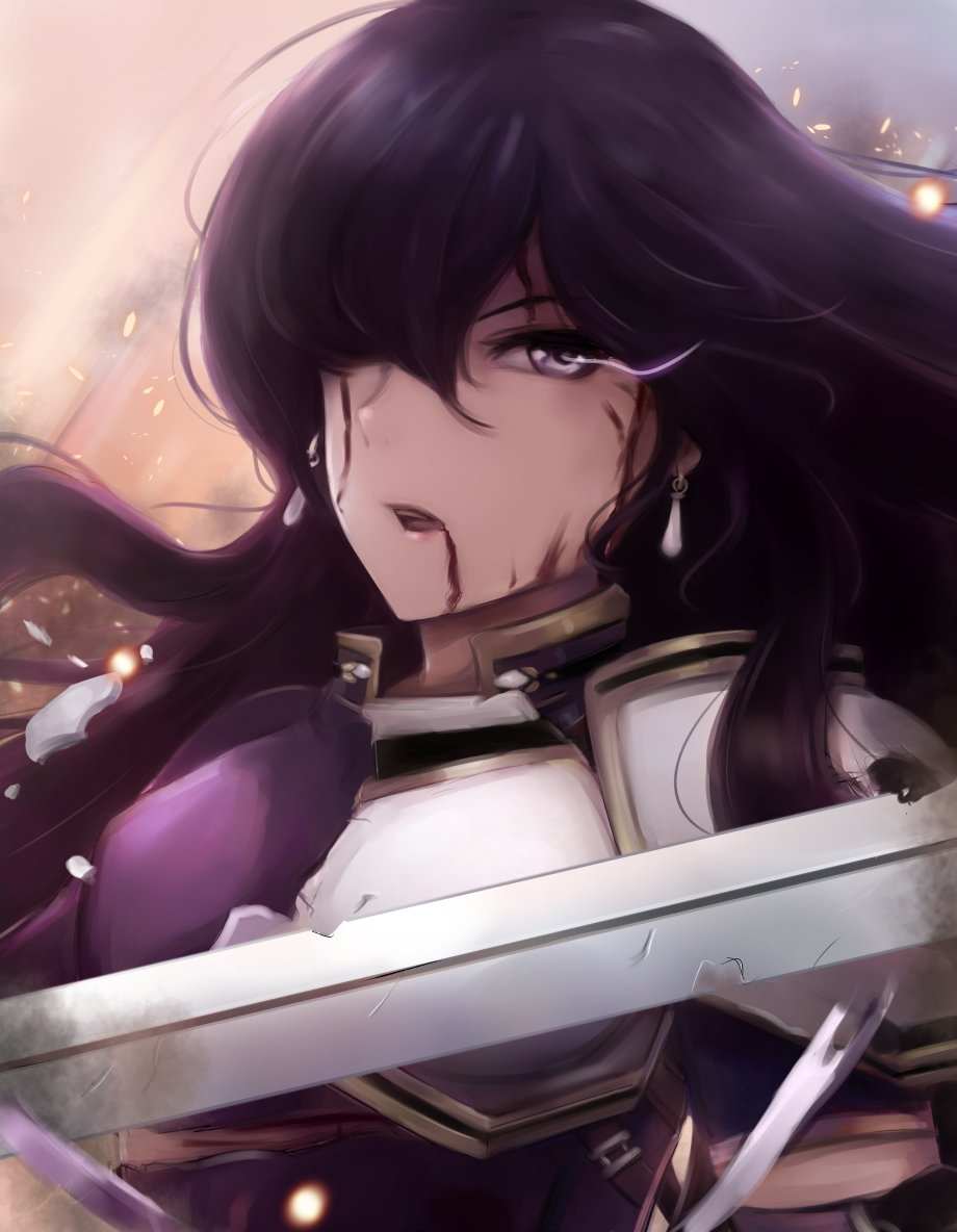 1girl aira_(fire_emblem) armor artist_request black_hair blood breastplate earrings elbow_gloves fire_emblem fire_emblem:_seisen_no_keifu gloves jewelry long_hair solo sword violet_eyes weapon