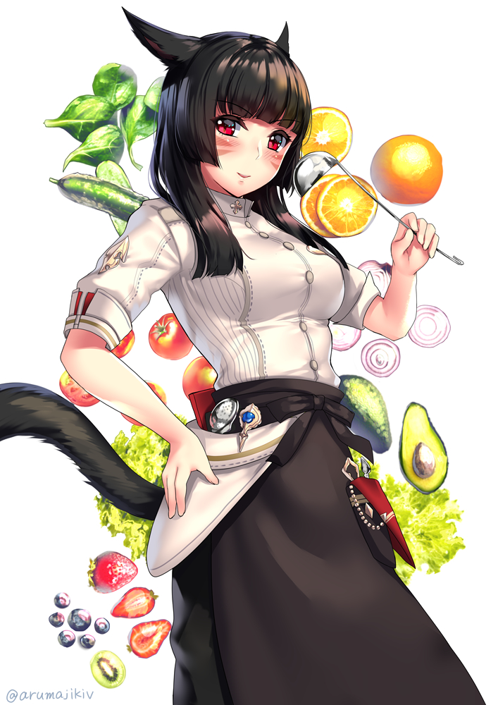 1girl animal_ears aruma_jiki black_apron black_hair blush cat_ears cat_tail chef eyebrows_visible_through_hair facial_mark final_fantasy final_fantasy_xiv food fruit hand_on_hip ladle long_hair looking_at_viewer miqo'te red_eyes short_sleeves smile solo tail