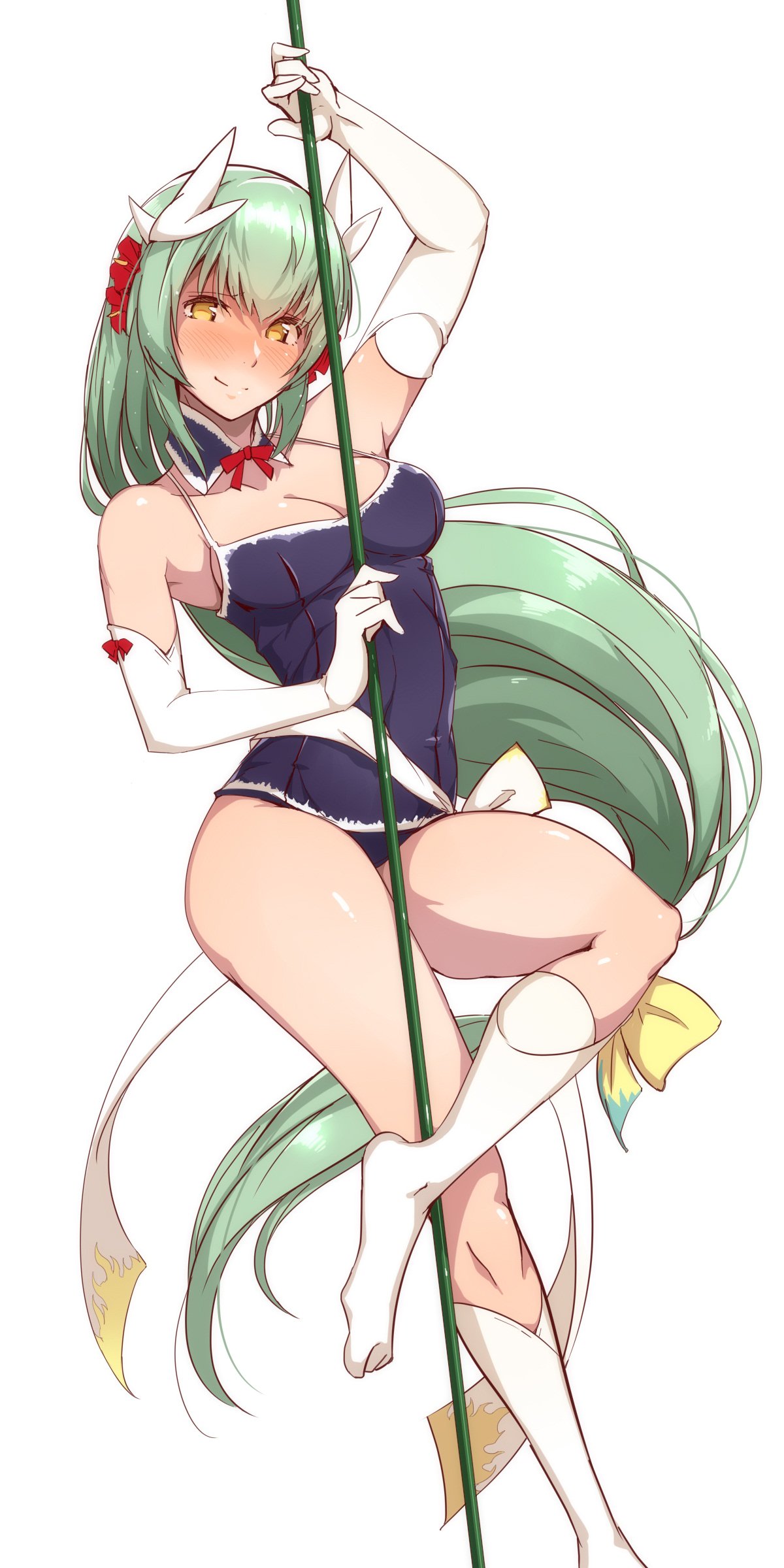 1girl absurdres bangs bare_shoulders blue_swimsuit blush bow breasts cleavage collarbone covered_navel detached_collar dragon_horns elbow_gloves fate/grand_order fate_(series) full-face_blush gloves green_hair hair_between_eyes hair_bow highres hips horns kiyohime_(fate/grand_order) legs long_hair looking_at_viewer low-tied_long_hair medium_breasts one-piece_swimsuit pole_dancing sash simple_background smile solo swimsuit thighs tokiwa_midori_(kyokutou_funamushi) very_long_hair white_background white_gloves white_legwear yellow_bow yellow_eyes