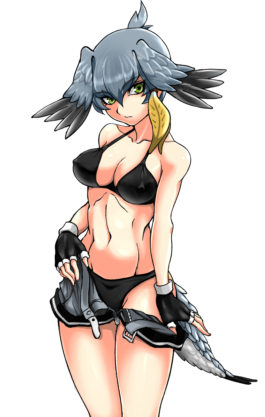 1girl bangs bare_arms bare_legs bare_shoulders belt bikini bikini_under_clothes bird_tail bird_wings black_bikini black_gloves breasts cleavage closed_mouth collarbone cowboy_shot erect_nipples expressionless eyebrows_visible_through_hair feathered_wings fingerless_gloves gloves green_eyes grey_hair hair_between_eyes head_tilt head_wings highres kemono_friends long_hair looking_at_viewer low_ponytail medium_breasts multicolored_hair navel open_clothes open_fly open_shorts orange_hair saijou_k shoebill_(kemono_friends) shorts side_ponytail simple_background solo standing stomach swimsuit toned tsurime undone_belt undressing unzipped white_background wings zipper zipper_pull_tab