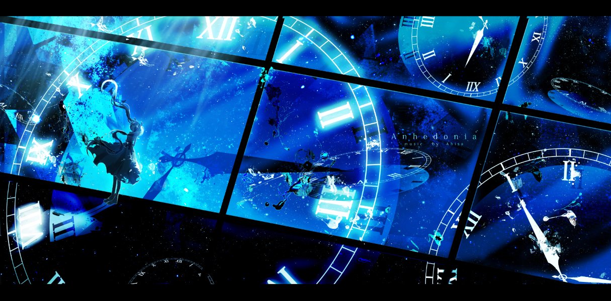1girl abstract_background arms_at_sides blue clock commentary dress dutch_angle english english_commentary floating_hair from_side glowing letterboxed light long_hair looking_to_the_side roman_numerals ruuya_higashino scenery shadow solo song_name twintails very_long_hair wavy_hair window