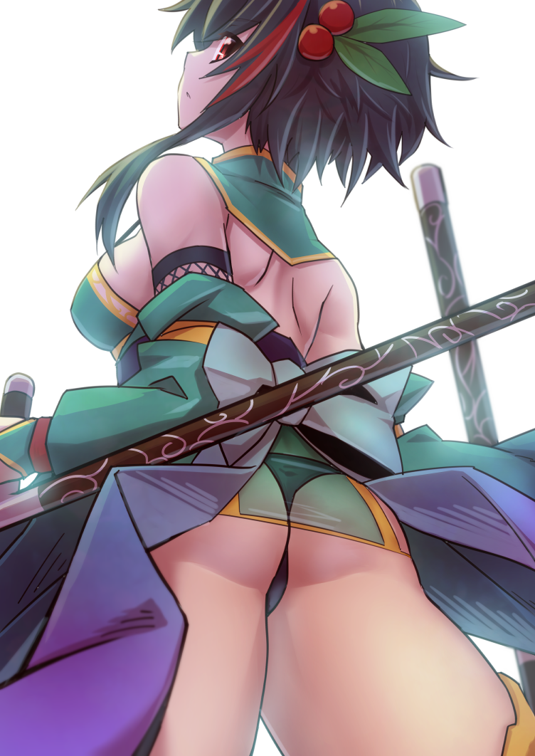 1girl ass back backless_outfit bare_shoulders black_hair character_request flower_knight_girl from_behind from_below looking_at_viewer looking_back mizunashi_(second_run) red_eyes redhead solo standing tonfa weapon