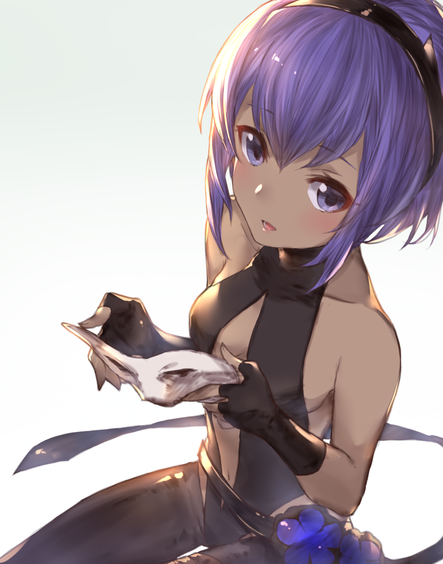 1girl bangs bare_shoulders black_gloves black_hairband breasts dark_skin eyebrows_visible_through_hair fate/prototype fate/prototype:_fragments_of_blue_and_silver fate_(series) fingerless_gloves gloves hair_between_eyes hairband hassan_of_serenity_(fate) holding holding_mask mask medium_breasts mirei_kh13 navel open_mouth purple_hair short_hair simple_background solo teeth tongue violet_eyes white_background