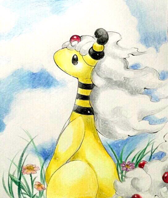 ampharos black_eyes blue_sky closed_mouth clouds cloudy_sky colored_pencil_(medium) creature day flower grass looking_away marker_(medium) mega_ampharos mega_pokemon no_humans outdoors pokemon pokemon_(creature) sky solo soma_somari standing traditional_media white_hair