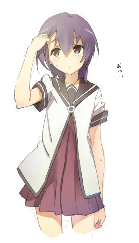 1girl adjusting_hair arm_at_side arm_up black_hair brown_eyes closed_mouth collarbone cowboy_shot cropped_legs dot_nose dress expressionless eyebrows_visible_through_hair funami_yui hair_between_eyes hair_tucking hand_in_hair hot looking_up miz nanamori_school_uniform pleated_dress sailor_collar sailor_dress school_uniform serafuku short_hair short_sleeves simple_background sleeve_cuffs sleeves_pushed_up solo sweat white_background yuru_yuri