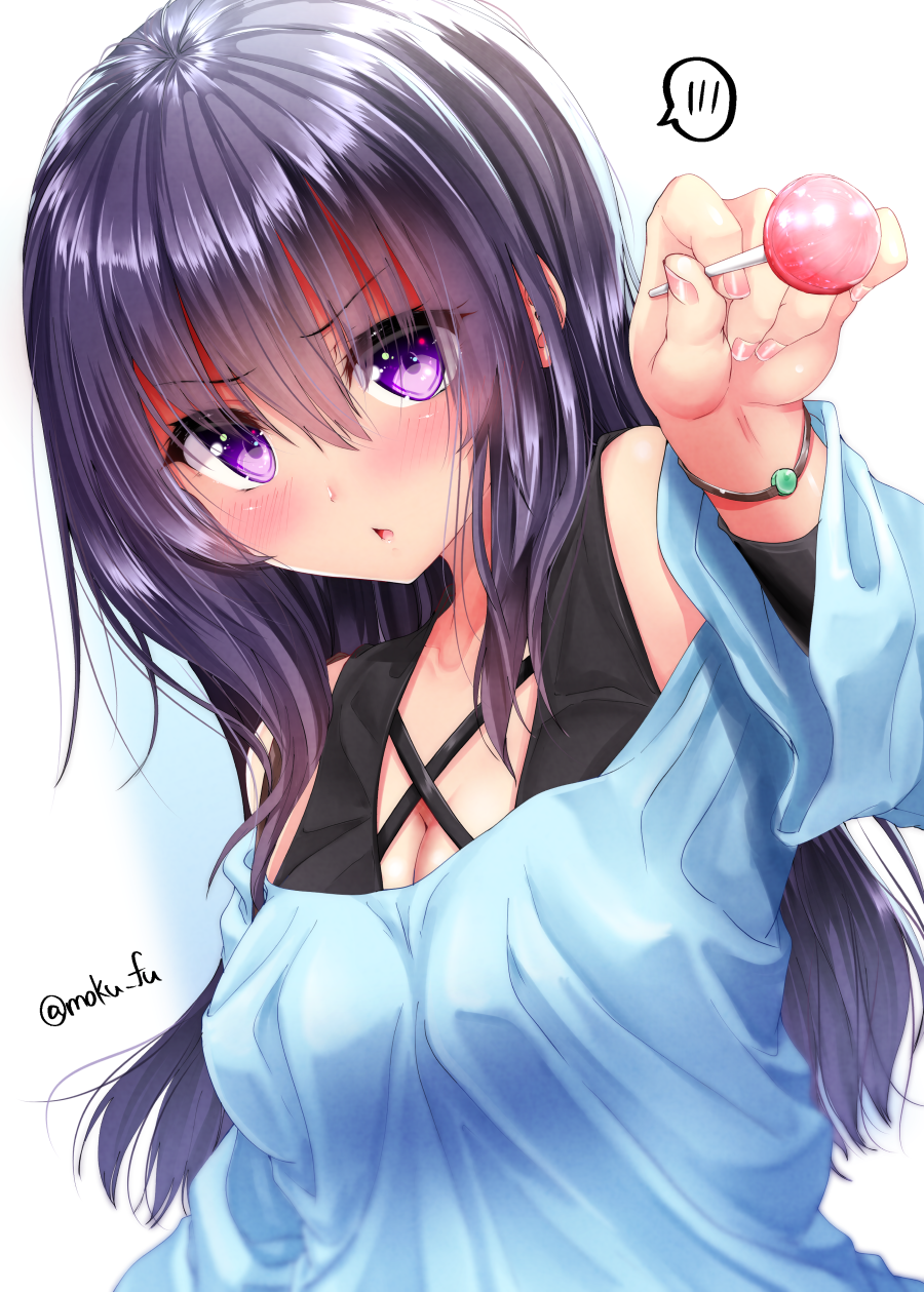 &gt;:o 1girl bare_shoulders black_hair blue_background blue_shirt blush bracelet breasts candy cleavage food highres holding_lollipop jewelry lollipop long_hair looking_at_viewer medium_breasts mokufuu original shirt solo twitter_username violet_eyes white_background