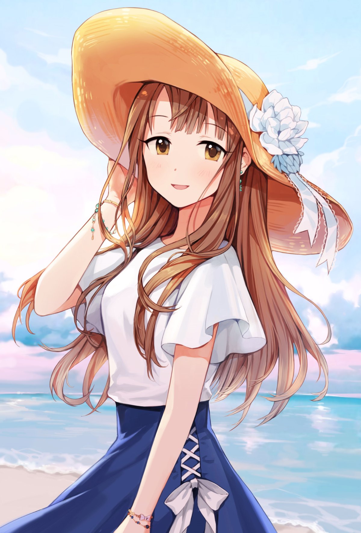 1girl beach blouse bow bracelet brown_eyes brown_hair clouds earrings eyebrows_visible_through_hair flower hat hat_flower hat_ribbon high-waist_skirt highres idolmaster idolmaster_cinderella_girls jewelry long_hair looking_at_viewer mizumoto_yukari ocean open_mouth outdoors pinkiepies2 ribbon skirt sky smile solo sun_hat water