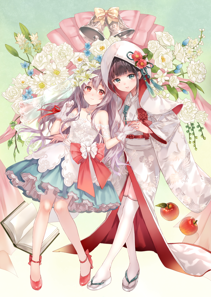 2girls apple bangs bare_shoulders bell blue_flower blue_skirt blush book bow brown_bow brown_hair closed_mouth commentary_request eyebrows_visible_through_hair flower food fruit fukahire_(ruinon) gloves green_eyes hair_between_eyes high_heels interlocked_fingers japanese_clothes kimono lace long_hair looking_at_viewer multiple_girls off-shoulder_shirt open_book original pink_bow pleated_skirt red_apple red_bow red_eyes red_flower red_footwear shirt shoes skirt thigh-highs uchikake very_long_hair white_flower white_footwear white_gloves white_kimono white_legwear white_shirt yuri zouri