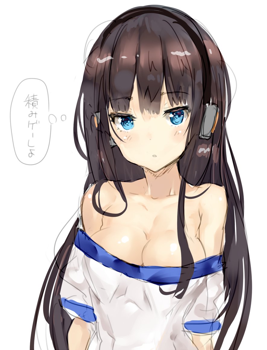 1girl azur_lane bare_shoulders black_hair blue_eyes breasts cleavage eyebrows_visible_through_hair headphones long_hair long_island_(azur_lane) medium_breasts morikawa_(futomayu) off-shoulder_shirt parted_lips shirt sidelocks simple_background sketch solo thought_bubble white_background