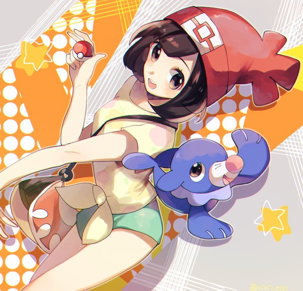 1girl :d bag bangs bare_arms beanie black_eyes black_hair dutch_angle gen_7_pokemon green_shorts handbag hat holding holding_poke_ball mizuki_(pokemon) open_mouth outline poke_ball poke_ball_(generic) pokemon pokemon_(creature) pokemon_(game) pokemon_sm popplio red_hat ririmon shirt short_hair short_sleeves shorts smile star swept_bangs t-shirt teeth tied_shirt yellow_shirt