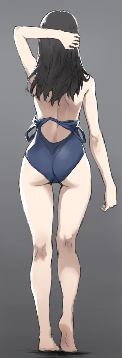 1girl arm_behind_head arm_up ass bare_legs barefoot black_hair competition_school_swimsuit from_behind full_body gradient gradient_background grey_background highres kneepits long_hair one-piece_swimsuit original simple_background sketch solo swimsuit swimsuit_pull tonee