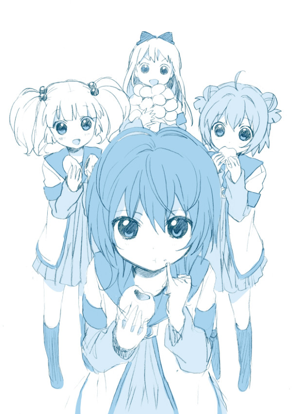 &gt;:d 4girls :&gt; :d :t ahoge akaza_akari artist_request bangs baozi blue blunt_bangs bow closed_mouth dot_nose double_bun dress eating expressionless eyebrows_visible_through_hair food food_in_mouth food_on_face full_body funami_yui hair_bobbles hair_bow hair_bun hair_intakes hair_ornament hands_up holding holding_food kneehighs long_hair looking_at_viewer medium_hair monochrome multiple_girls nanamori_school_uniform no_nose no_shoes open_mouth pinky_out pleated_dress sailor_collar sailor_dress school_uniform serafuku short_hair short_over_long_sleeves simple_background sleeve_cuffs smile socks standing toshinou_kyouko twintails v-shaped_eyebrows white_background yoshikawa_chinatsu yuru_yuri
