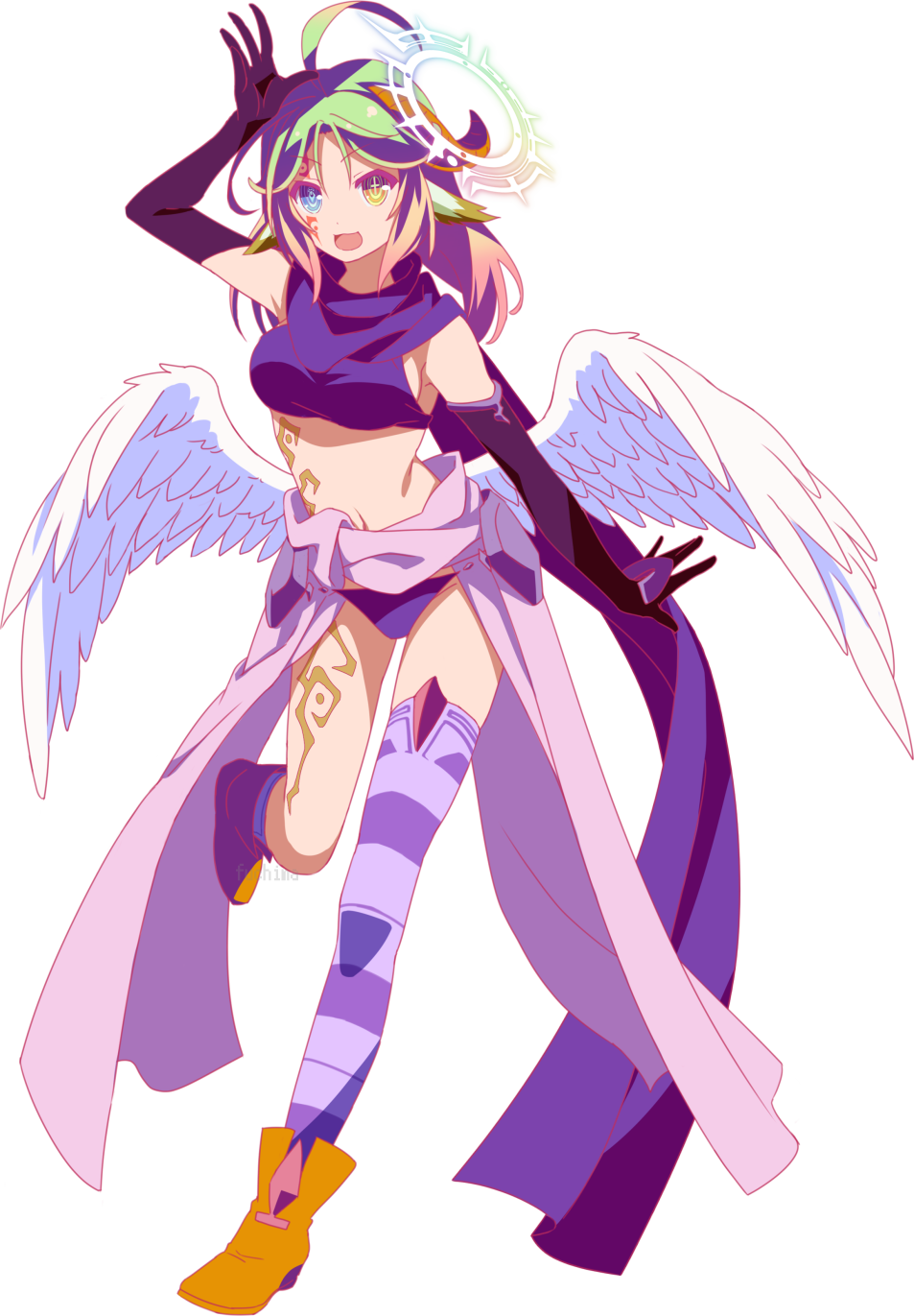 1girl :3 ahoge angel_wings azriel_(no_game_no_life) blue_eyes breasts cross facial_tattoo feathered_wings fuchima gloves gradient_hair green_hair halo heterochromia highres horn long_hair low_wings magic_circle medium_breasts midriff mismatched_legwear multicolored_hair navel no_game_no_life official_style open_mouth scarf sideboob smile solo symbol-shaped_pupils tattoo white_wings wing_ears wings yellow_eyes