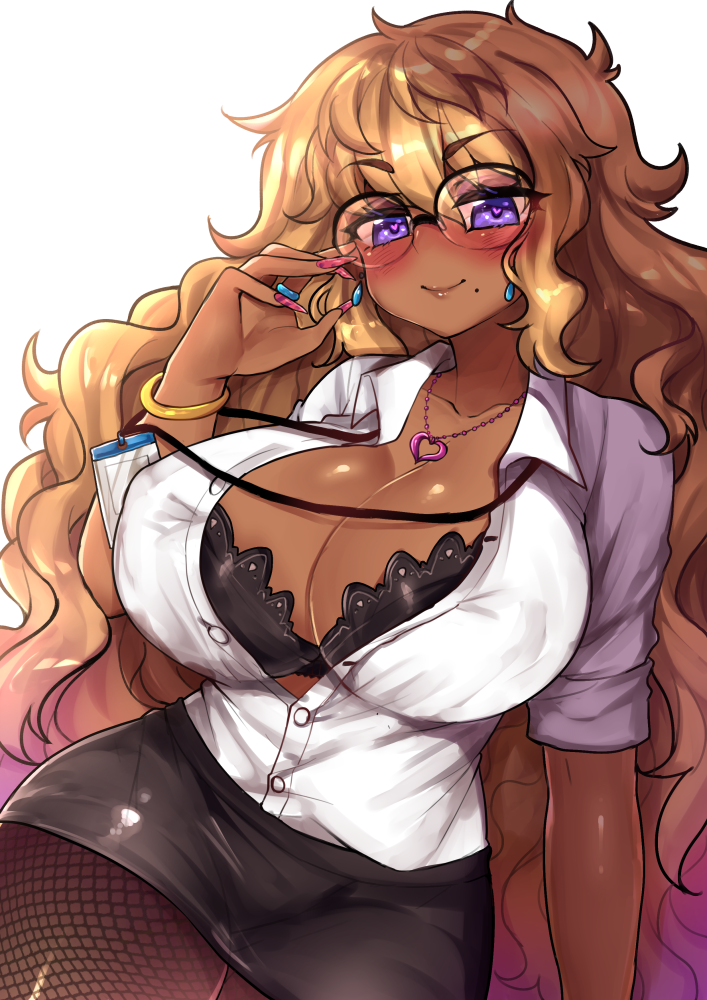 1girl big_hair black_bra black_skirt blonde_hair blush bra bracelet breasts brown_legwear cleavage closed_mouth collared_shirt commentary commission copyright_request dark_skin earrings english_commentary eyebrows_visible_through_hair fingernails fishnet_pantyhose fishnets glasses hand_up heart heart-shaped_pupils heart_necklace jewelry large_breasts long_hair looking_at_viewer miniskirt mole mole_under_mouth nail_polish name_tag necklace open_clothes open_shirt osiimi over-rim_eyewear pantyhose pencil_skirt pink_nails round_eyewear semi-rimless_eyewear shirt simple_background skirt smile solo symbol-shaped_pupils underwear violet_eyes white_background white_shirt wing_collar