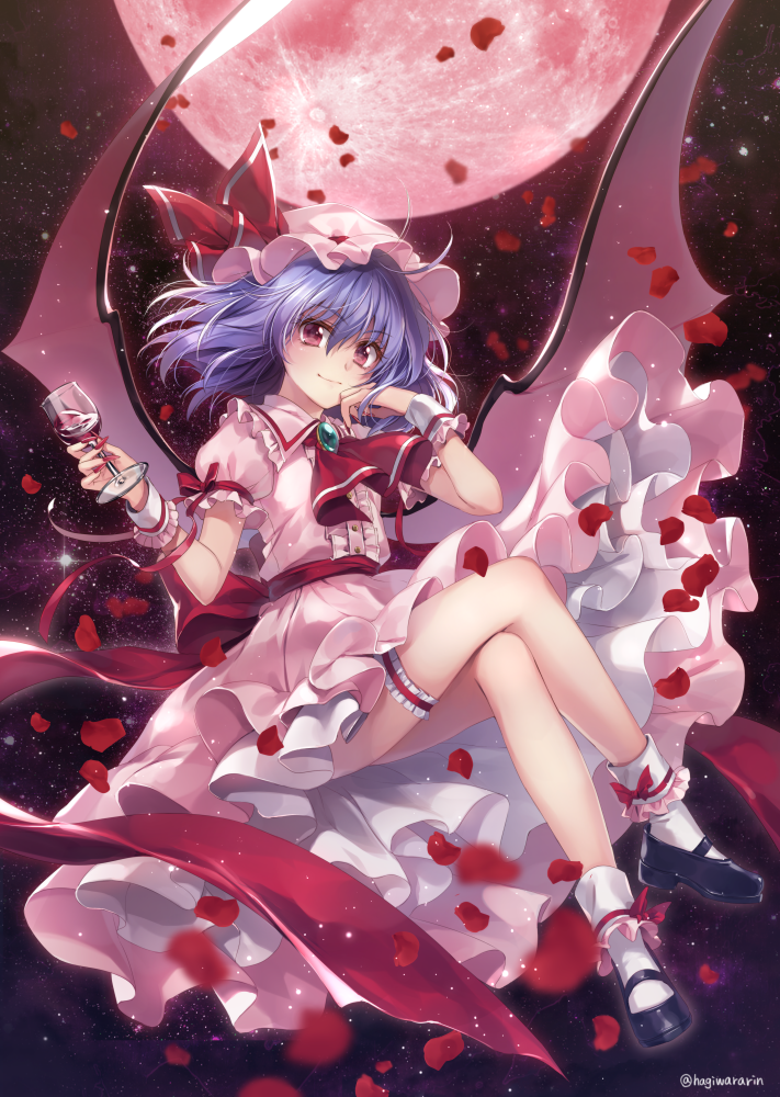 1girl bare_legs breasts commentary_request cup demon_wings dress drinking_glass fingernails flying frilled_dress frills full_body full_moon hagiwara_rin hand_on_own_cheek hat hat_ribbon holding holding_drinking_glass lavender_hair legs_crossed looking_at_viewer mary_janes medium_hair mob_cap moon nail_polish night night_sky outdoors petals pink_dress puffy_short_sleeves puffy_sleeves red_eyes red_moon red_nails red_ribbon remilia_scarlet ribbon ribbon-trimmed_dress sharp_fingernails shoes short_sleeves sky small_breasts smile solo star_(sky) starry_sky thigh_strap touhou vampire wine_glass wings wrist_cuffs