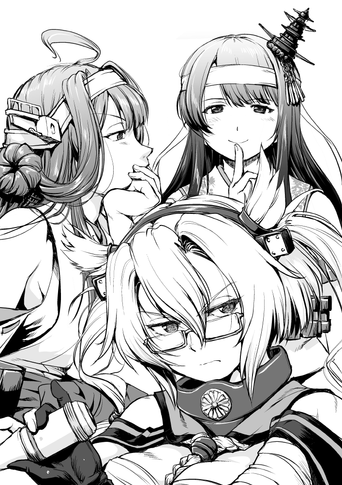 3girls ahoge chrysanthemum commentary_request flower fusou_(kantai_collection) glasses headband kantai_collection kongou_(kantai_collection) lineart looking_at_viewer looking_to_the_side mast multiple_girls musashi_(kantai_collection) smile tk_(takotsuboya) transparent_bangs type_91_armor-piercing_shell