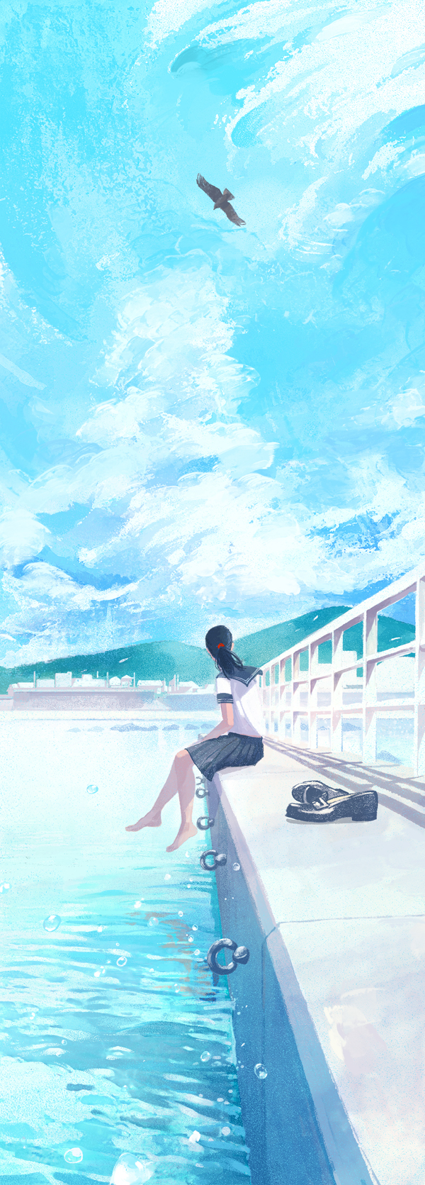 1girl barefoot bird black_footwear black_hair blouse blue_sailor_collar blue_skirt building clouds cloudy_sky commentary_request day from_side gemi highres knees_together_feet_apart loafers long_image looking_afar mountain ocean original pleated_skirt ponytail railing sailor_collar scenery school_uniform serafuku shoes shoes_removed short_sleeves sitting skirt sky solo sunlight tall_image water water_drop white_blouse