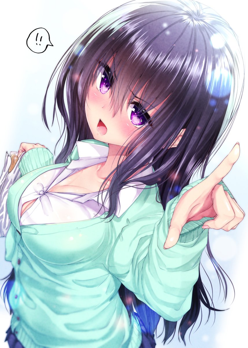 ! !! 1girl black_hair blue_background blue_skirt blush breasts cardigan cleavage collared_shirt from_above from_side gradient gradient_background green_cardigan highres lens_flare long_hair long_sleeves looking_at_viewer looking_up medium_breasts mokufuu open_mouth original pleated_skirt pointing pointing_at_viewer shirt skirt solo speech_bubble spoken_exclamation_mark twitter_username violet_eyes white_background white_shirt