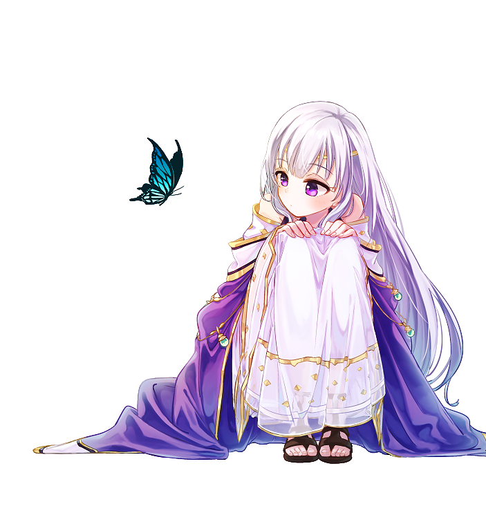 1girl bug butterfly dress fire_emblem fire_emblem:_seisen_no_keifu fire_emblem_heroes insect jewelry lavender_hair long_hair purple_hair sandals simple_background smile solo squatting urr very_long_hair violet_eyes white_dress yuria_(fire_emblem)