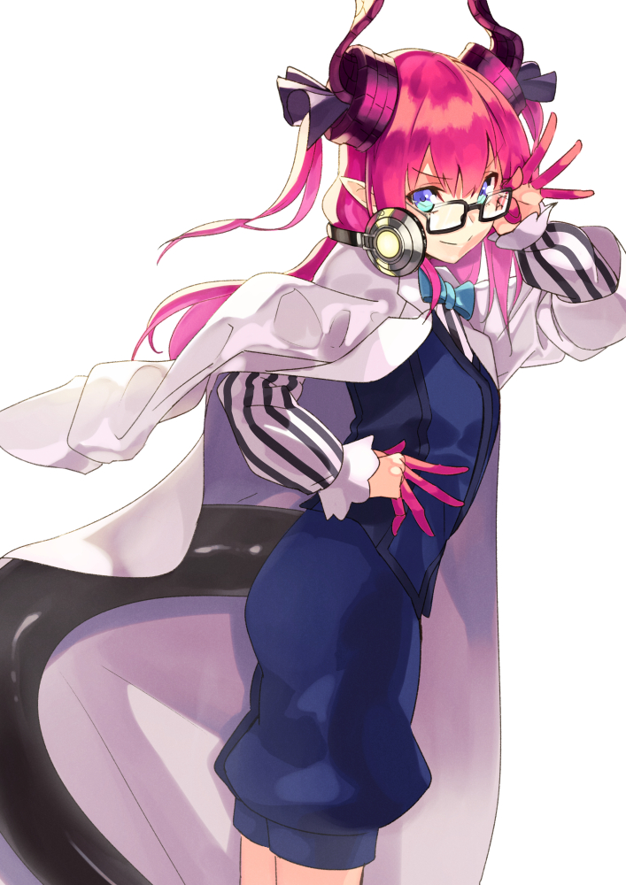 1girl adjusting_eyewear akamiso_(k074510) bangs black-framed_eyewear blue_eyes blue_neckwear blue_shorts blue_vest bow bowtie closed_mouth coat cosplay curled_horns dragon_horns dragon_tail elizabeth_bathory_(fate) elizabeth_bathory_(fate)_(all) fate/extra fate/extra_ccc fate_(series) glasses hair_between_eyes hair_ribbon hand_on_hip hans_christian_andersen_(fate) hans_christian_andersen_(fate)_(cosplay) headphones headphones_around_neck horns labcoat long_hair looking_at_viewer open_clothes open_coat pink_hair pointy_ears puffy_shorts puffy_sleeves purple_ribbon ribbon shorts simple_background smile solo striped_sleeves tail two_side_up vest white_background white_coat