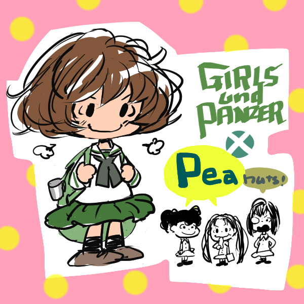 4girls akiyama_yukari backpack bag black_ribbon brown_footwear brown_hair charles_schulz_(style) closed_mouth copyright_name full_body girls_und_panzer green_skirt kadotani_anzu kawashima_momo koyama_yuzu lenny-tree long_sleeves looking_at_viewer monocle multiple_girls neck_ribbon ooarai_school_uniform parody peanuts pink_background ribbon sailor_collar school_uniform serafuku short_hair skirt smile speech_bubble standing style_parody wavy_hair