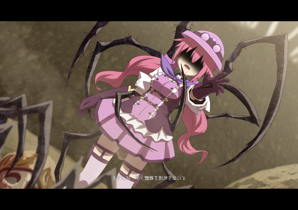 1girl bug flower_knight_girl goggles goggles_on_headwear hair_ornament hat komachisou_(flower_knight_girl) looking_at_viewer mizunashi_(second_run) open_mouth outstretched_arm pink_hair saliva shaded_face spider translation_request