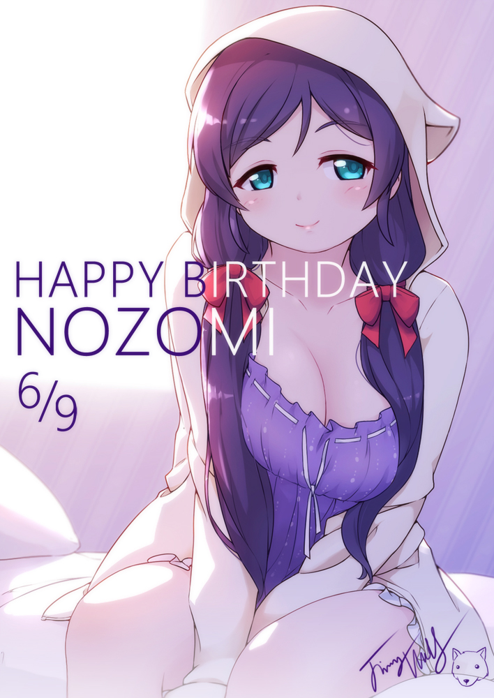 1girl animal_ears animal_hood bangs bed between_legs blue_eyes blush bow breasts character_name closed_mouth collarbone commentary_request dated dress eyebrows_visible_through_hair hair_bow hand_between_legs happy_birthday hood hood_up hooded_jacket jacket langbazi large_breasts long_hair long_sleeves love_live! love_live!_school_idol_project on_bed open_clothes open_jacket pillow purple_dress purple_hair red_bow ribbon-trimmed_dress ribbon_trim signature sitting sitting_on_bed smile solo toujou_nozomi very_long_hair white_jacket