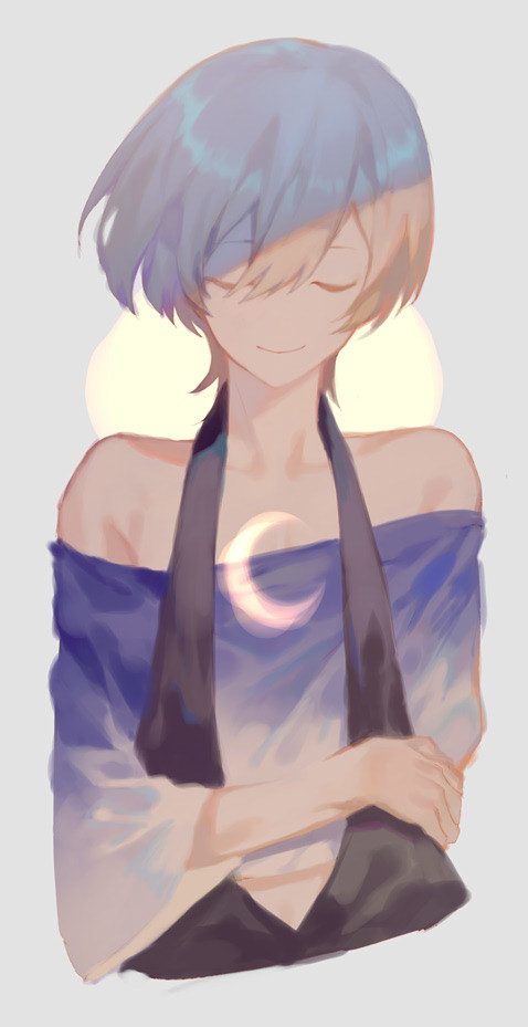 androgynous bangs bare_shoulders blonde_hair character_request closed_eyes closed_mouth copyright_request crescent_moon facing_viewer grey_background hair_between_eyes halterneck long_sleeves moon short_hair smile solo upper_body wide_sleeves yamakawa