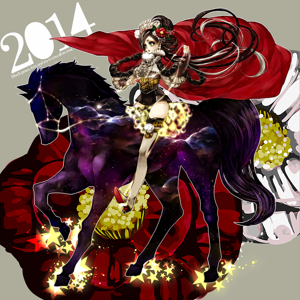 1girl 2014 bracelet brown_hair cape chino_machiko english floating_hair from_side green_eyes hand_up high_heels holding horn horseback_riding jewelry long_hair long_sleeves original parted_lips red_cape red_footwear reins riding saddle solo very_long_hair