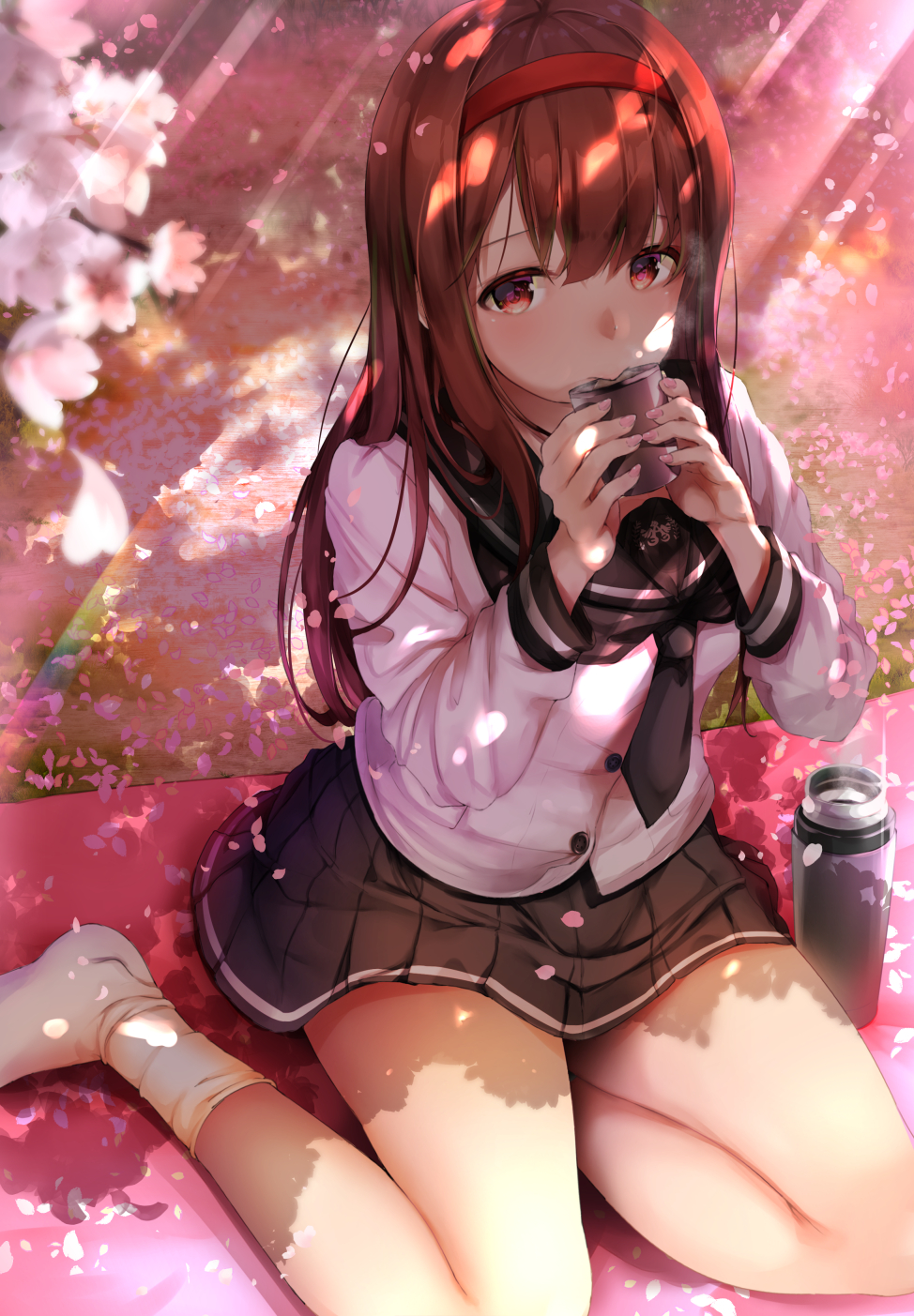 1girl bangs blurry_foreground breasts brown_eyes brown_hair cherry_blossoms commentary_request cup drinking fay_(fay_axl) feet from_above hairband highres holding idolmaster idolmaster_million_live! long_hair long_sleeves looking_at_viewer medium_breasts neckerchief no_shoes outdoors pleated_skirt sailor_collar school_uniform serafuku sitting skirt socks solo sunlight tanaka_kotoha yokozuwari