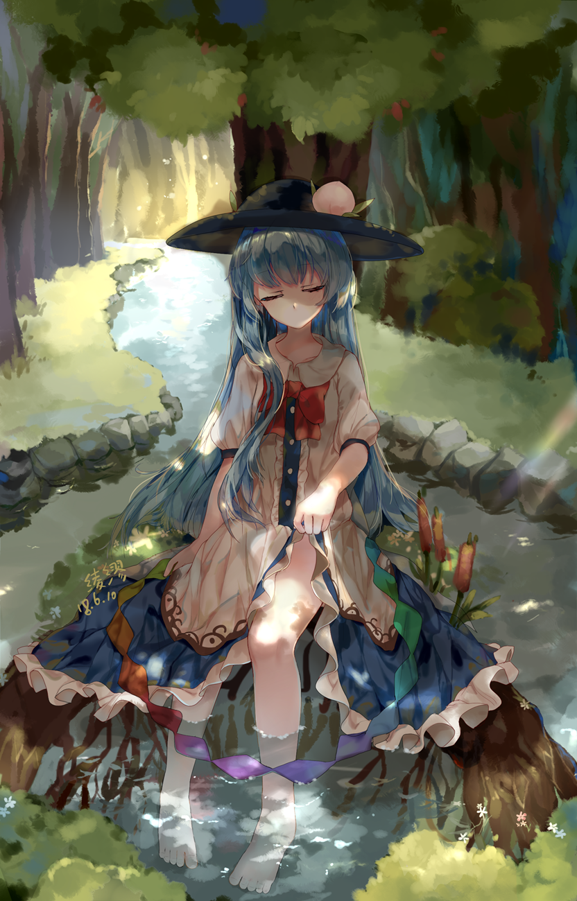 1girl artist_name barefoot blue_hair bow cattail closed_eyes dated day dress facing_viewer food forest frills fruit hat highres hinanawi_tenshi leaf lifted_by_self ling_mou long_hair nature no_mouth outdoors peach plant puffy_sleeves red_bow rock sitting skirt skirt_lift soaking_feet solo sunlight touhou tree water
