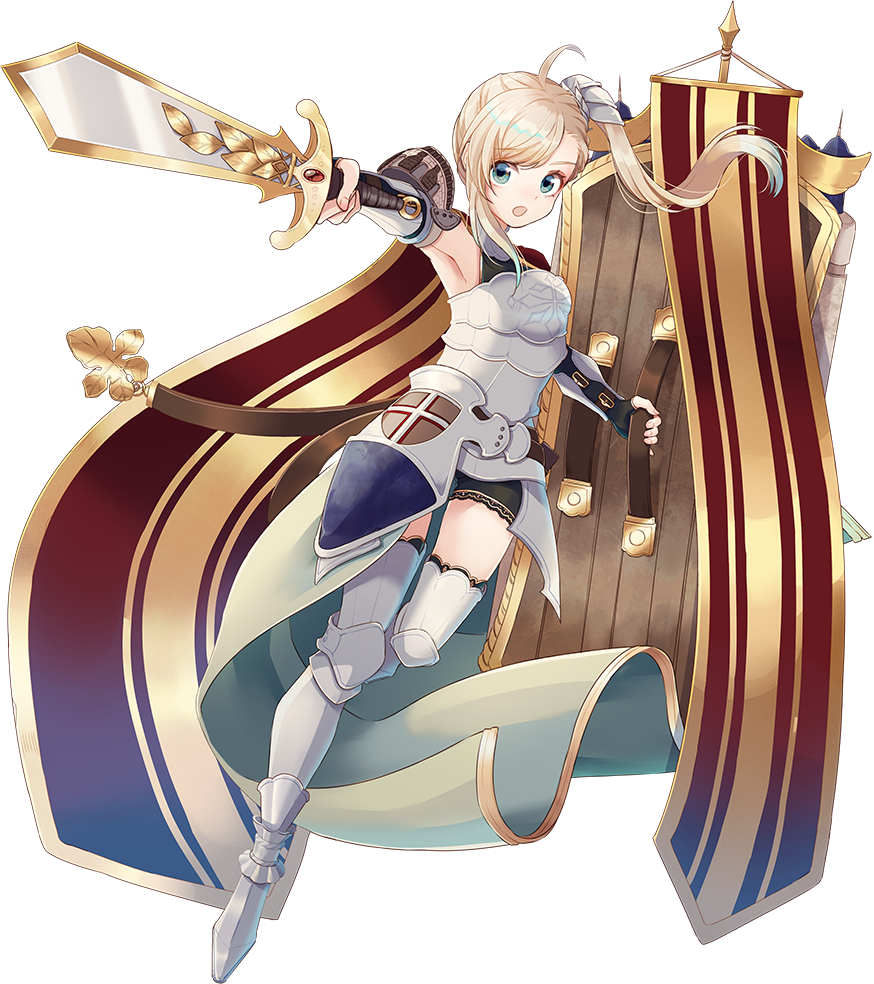 1girl ahoge armor bangs bare_shoulders bike_shorts blonde_hair blue_eyes boots braid chateau_de_chinon_(oshiro_project) elbow_gloves fingerless_gloves full_body gloves hair_ornament holding holding_shield holding_sword holding_weapon looking_at_viewer natuki_miz oshiro_project oshiro_project_re shield side_ponytail solo swept_bangs sword thigh-highs thigh_boots transparent_background weapon