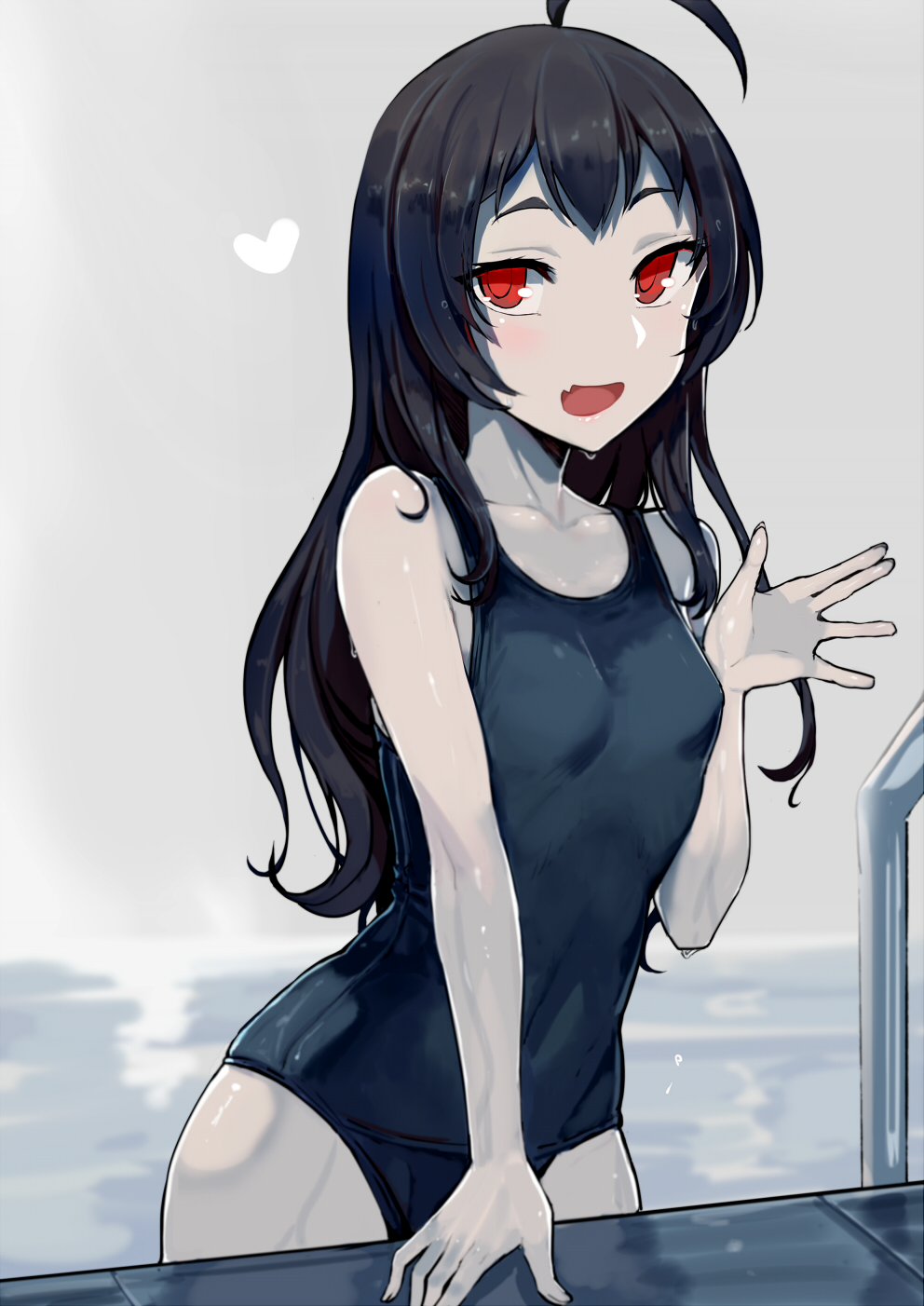 1girl ahoge alternate_costume black_hair blush breasts commentary_request covered_navel fang hand_up heart highres isolated_island_oni kantai_collection long_hair open_mouth pool red_eyes school_swimsuit shinkaisei-kan sidelocks small_breasts smile solo swimsuit walzrj wet