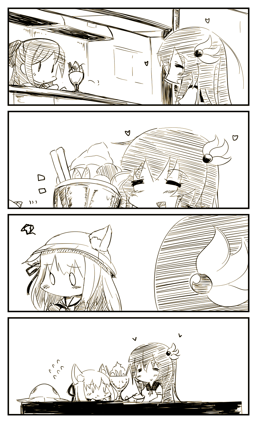 0_0 3girls 4koma :d :t =_= animal_ears azur_lane bangs blush cat_ears closed_mouth coin_purse comic commentary_request crossover ears_through_headwear eating eyebrows_visible_through_hair flying_sweatdrops hair_between_eyes hair_ornament hair_ribbon hat hat_removed headwear_removed heart highres holding holding_spoon indoors kantai_collection kisaragi_(azur_lane) kisaragi_(kantai_collection) long_hair mamiya_(kantai_collection) monochrome multiple_girls namesake open_mouth parfait ribbon school_hat school_uniform serafuku shirt short_sleeves silent_comic smile spoon table very_long_hair yagami_kamiya