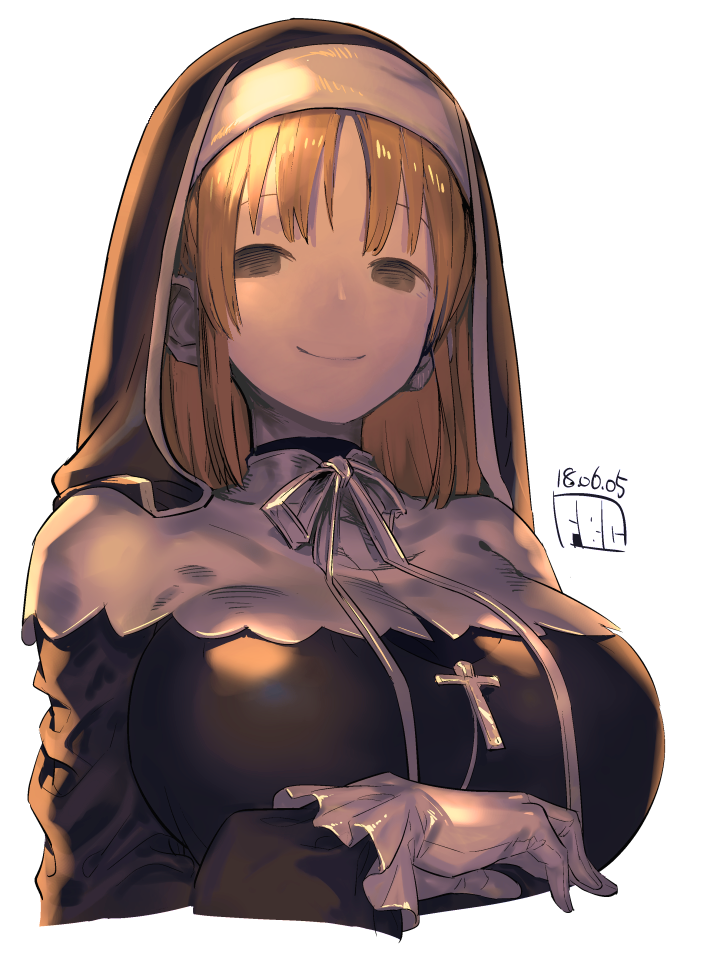 1girl bangs black_dress breasts brown_eyes closed_mouth commentary_request cropped_torso dated dress fbc gloves habit large_breasts latin_cross long_hair long_sleeves looking_at_viewer nijisanji parted_bangs signature simple_background sister_cleaire smile solo virtual_youtuber white_background white_gloves