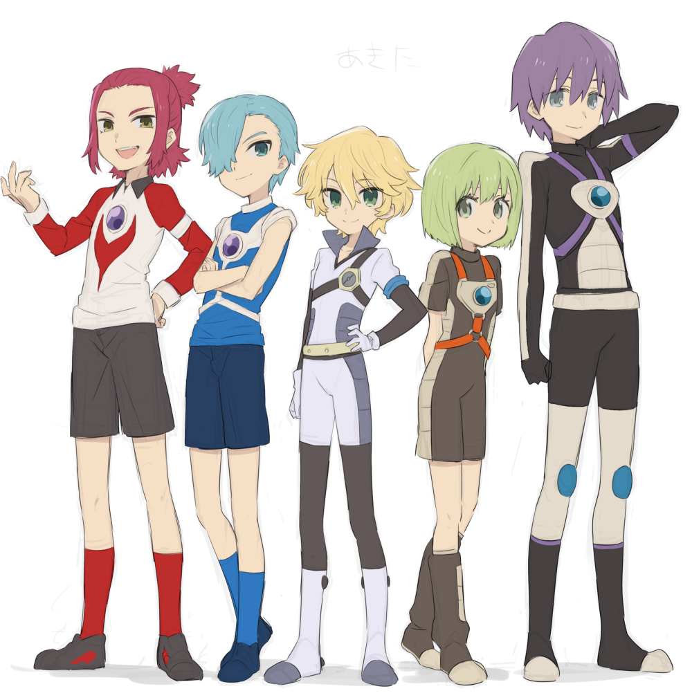 1girl 4boys alternate_costume arms_behind_back blonde_hair blue_footwear bob_cut bodysuit crossed_arms darling_in_the_franxx green_eyes green_hair grey_eyes half_updo hand_behind_head hand_on_hip harness looking_at_viewer mt.somo multiple_boys nine_alpha_(darling_in_the_franxx) nine_beta nine_delta nine_epsilon nine_gamma purple_hair red_footwear redhead short_hair shorts simple_background sketch smile socks white_background yellow_eyes