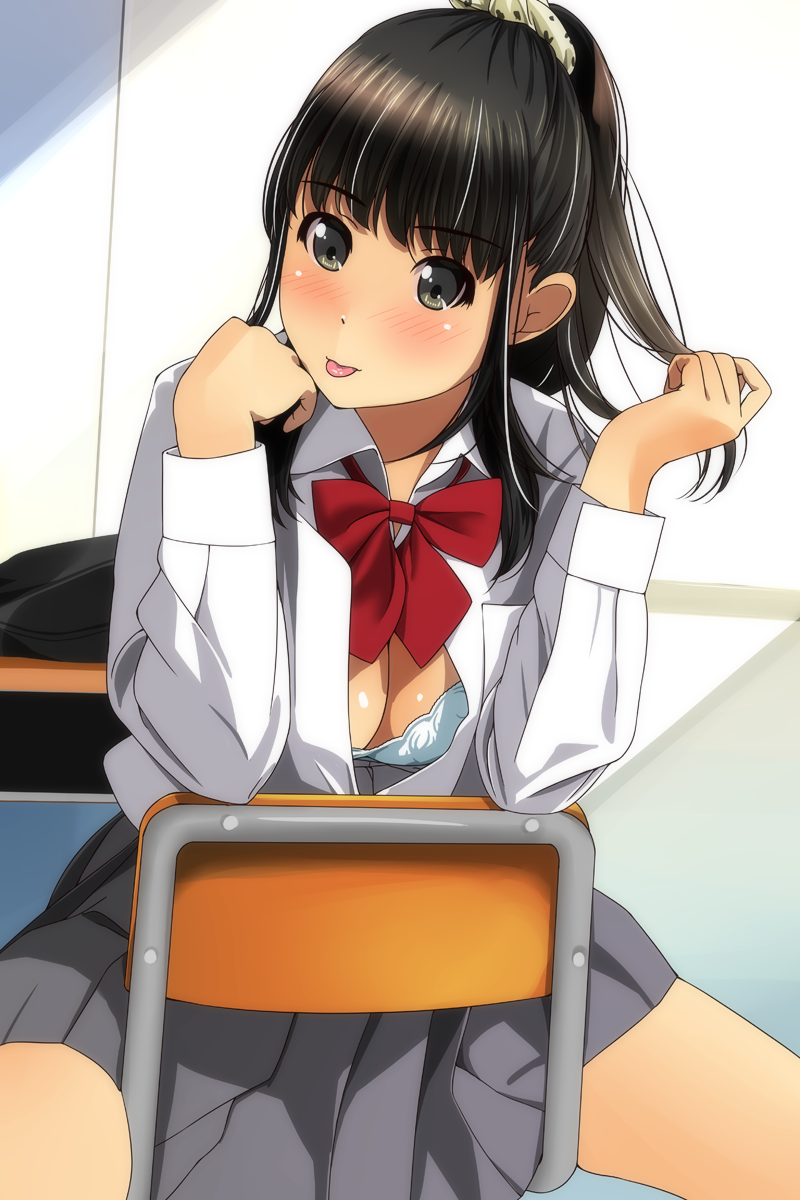 1girl :p black_eyes black_hair blush bra breasts cleavage eyebrows_visible_through_hair highres long_hair looking_at_viewer matsunaga_kouyou original ponytail school_uniform solo tareme tongue tongue_out underwear