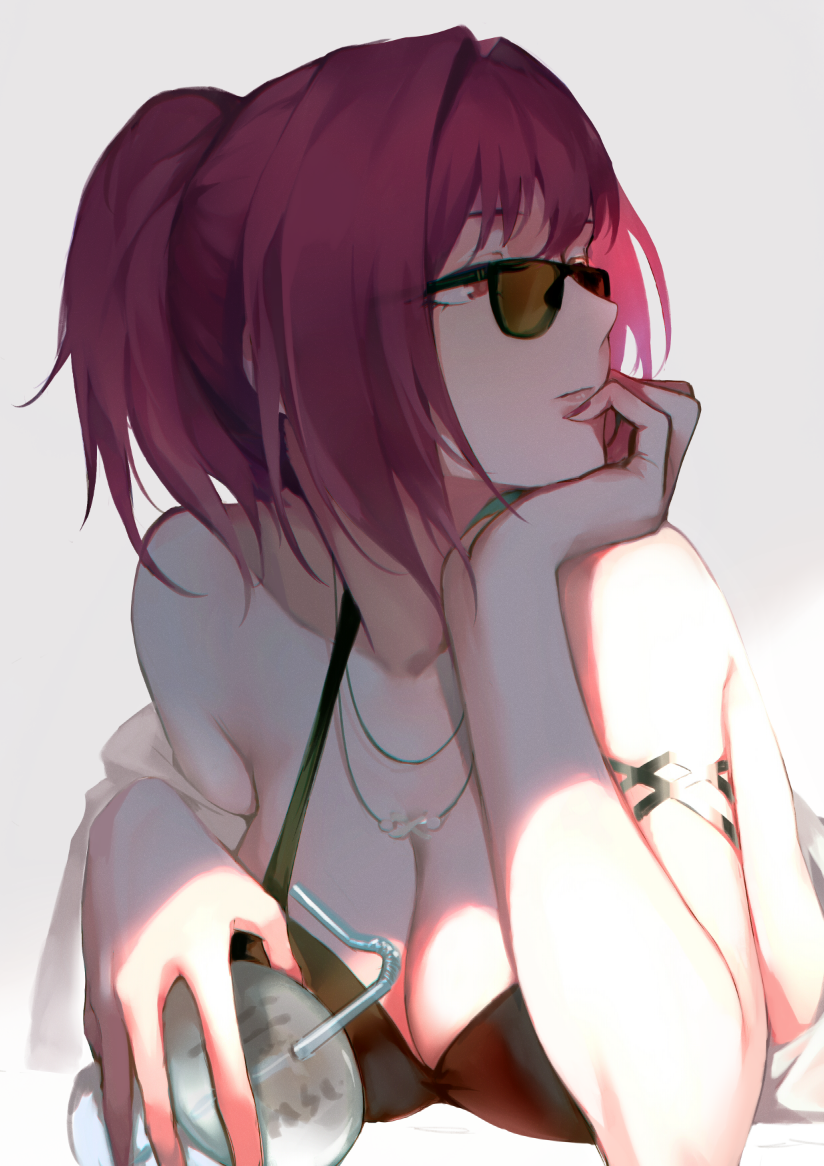 1girl alternate_hairstyle bare_shoulders bikini breasts cleavage cup disposable_cup drinking_straw fate/grand_order fate_(series) hand_on_own_chin jewelry large_breasts looking_to_the_side lying necklace on_stomach ponytail purple_hair red_eyes reroi scathach_(fate/grand_order) solo sunglasses swimsuit white_background