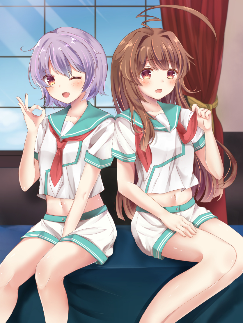 2girls ahoge between_legs blush brown_eyes brown_hair hand_between_legs huge_ahoge indoors kantai_collection kuma_(kantai_collection) long_hair looking_at_viewer masayo_(gin_no_ame) midriff multiple_girls navel neckerchief ok_sign open_mouth purple_hair red_eyes sailor_collar school_uniform serafuku short_hair shorts tama_(kantai_collection)