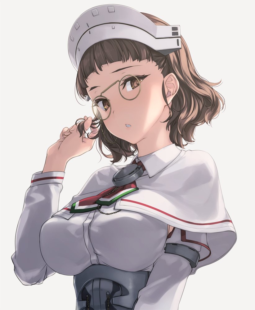 1girl ascot breasts brown_eyes brown_hair capelet collared_shirt corset glasses grey_background hand_in_hair hat kantai_collection large_breasts long_sleeves looking_at_viewer parted_lips rokuwata_tomoe roma_(kantai_collection) shirt short_hair sideboob simple_background solo teeth upper_body white_hat white_shirt