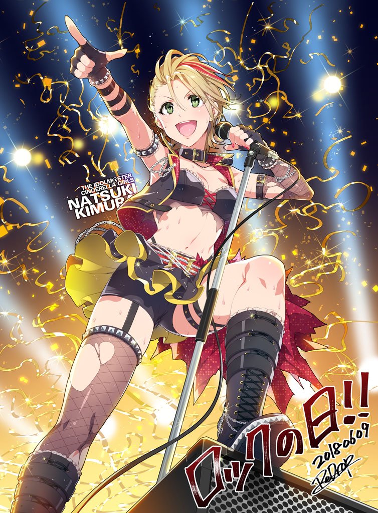 1girl asymmetrical_clothes asymmetrical_legwear belt belt_boots bike_shorts black_footwear blonde_hair boots breasts cleavage crop_top cropped_vest cross-laced_footwear fingerless_gloves fishnet_legwear fishnets garter_straps gloves green_eyes idolmaster idolmaster_cinderella_girls kimura_natsuki knee_boots lace-up_boots medium_breasts microphone microphone_stand open_mouth pointing redrop shorts skirt smile speaker standing stepping sweat thigh-highs torn_clothes torn_thighhighs vest