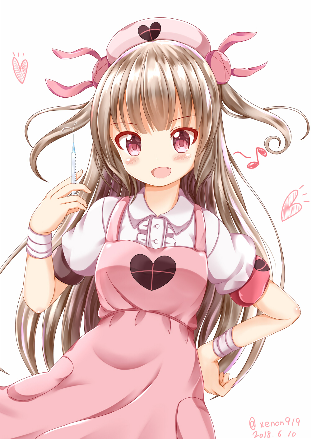 &gt;_&lt; 1girl :d apron armband bandage bandaged_arm bangs between_fingers blush bunny_hair_ornament center_frills collared_shirt commentary_request dated eighth_note eyebrows_visible_through_hair fang frills hair_ornament hand_on_hip hand_up hat heart highres holding holding_syringe light_brown_hair long_hair musical_note natori_sana nurse_cap open_mouth pink_apron pink_hat puffy_short_sleeves puffy_sleeves red_eyes sana_channel shirt short_sleeves simple_background smile solo syringe twitter_username two_side_up very_long_hair virtual_youtuber white_background white_shirt zenon_(for_achieve)