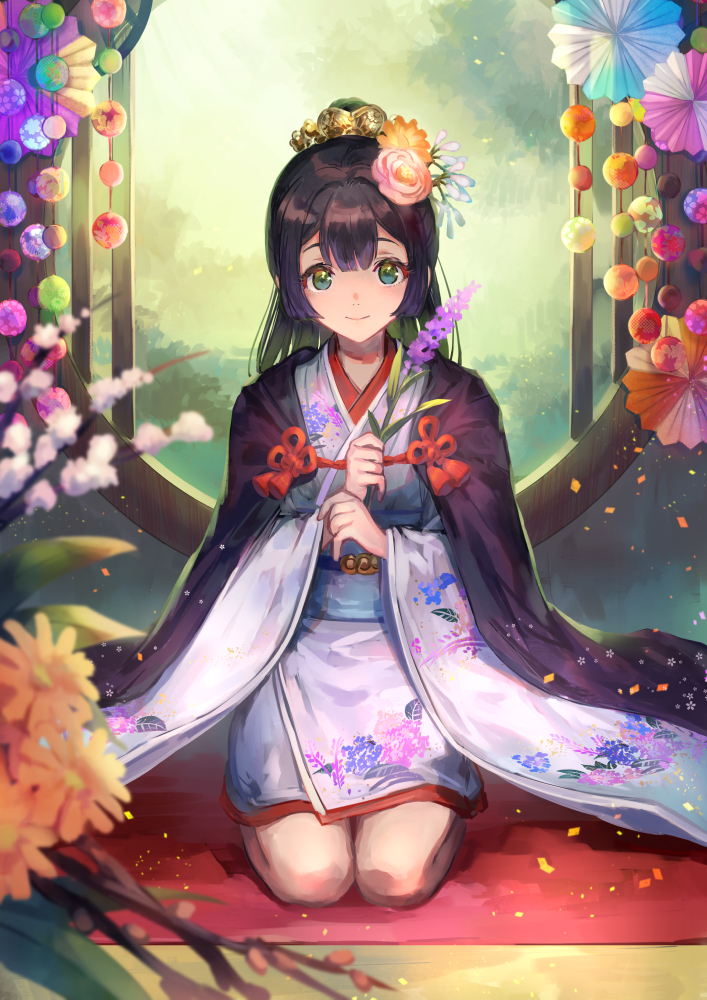 1girl azutarou bangs black_hair crown floral_print flower full_body green_eyes hair_flower hair_ornament holding holding_flower inside kneeling lilac long_hair looking_at_viewer original red_carpet solo wide_sleeves window