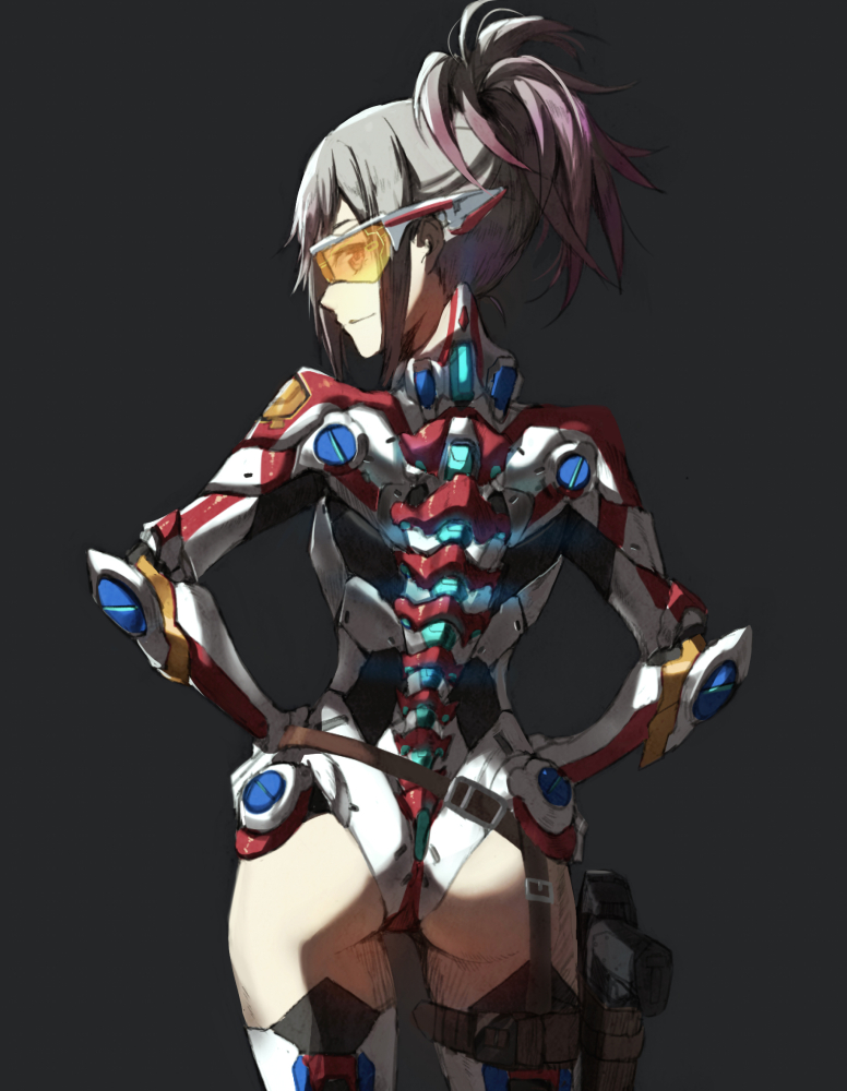 1girl armor ass black_background closed_mouth commentary contrapposto goggles gradient_hair grey_hair gun handgun hands_on_hips holster looking_at_viewer looking_back multicolored_hair original pink_hair pistol ponytail short_hair simple_background smile solo thigh-highs tonee weapon