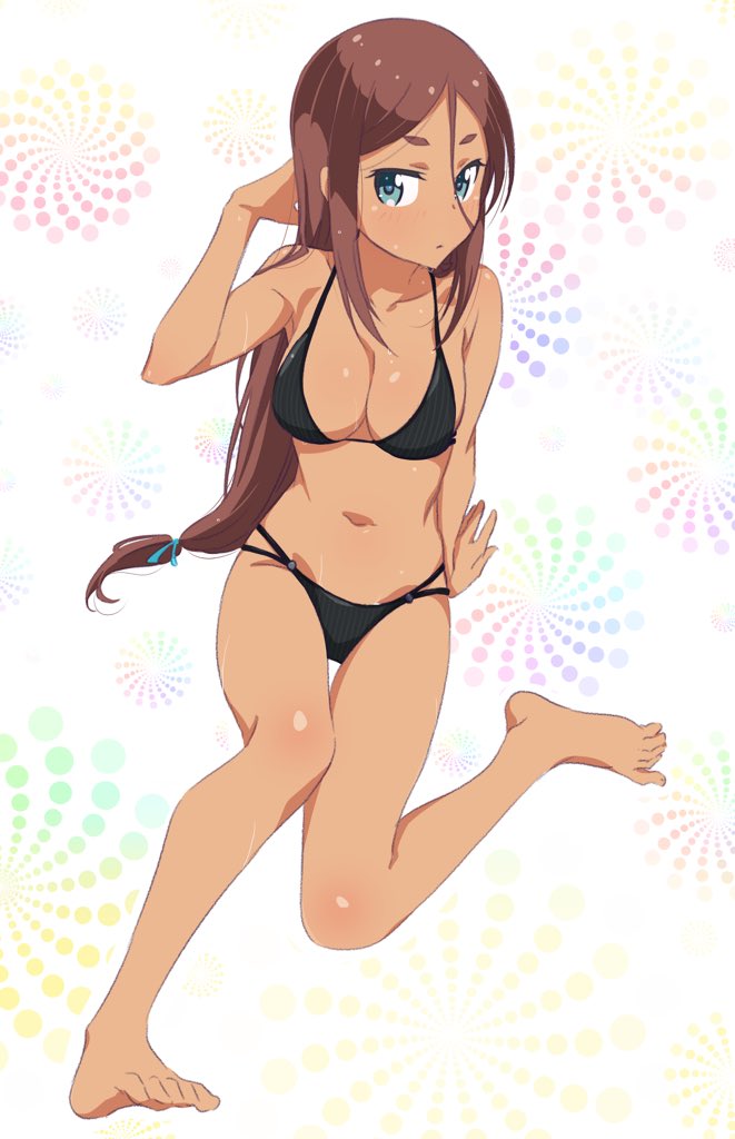 1girl ahagon_umiko arm_at_side arm_support bare_legs barefoot bikini black_bikini blue_eyes blush breasts brown_hair cleavage dark_skin hair_between_eyes hand_up long_hair low-tied_long_hair medium_breasts multi-strapped_bikini navel new_game! pink_x shiny shiny_skin sidelocks solo swimsuit very_long_hair